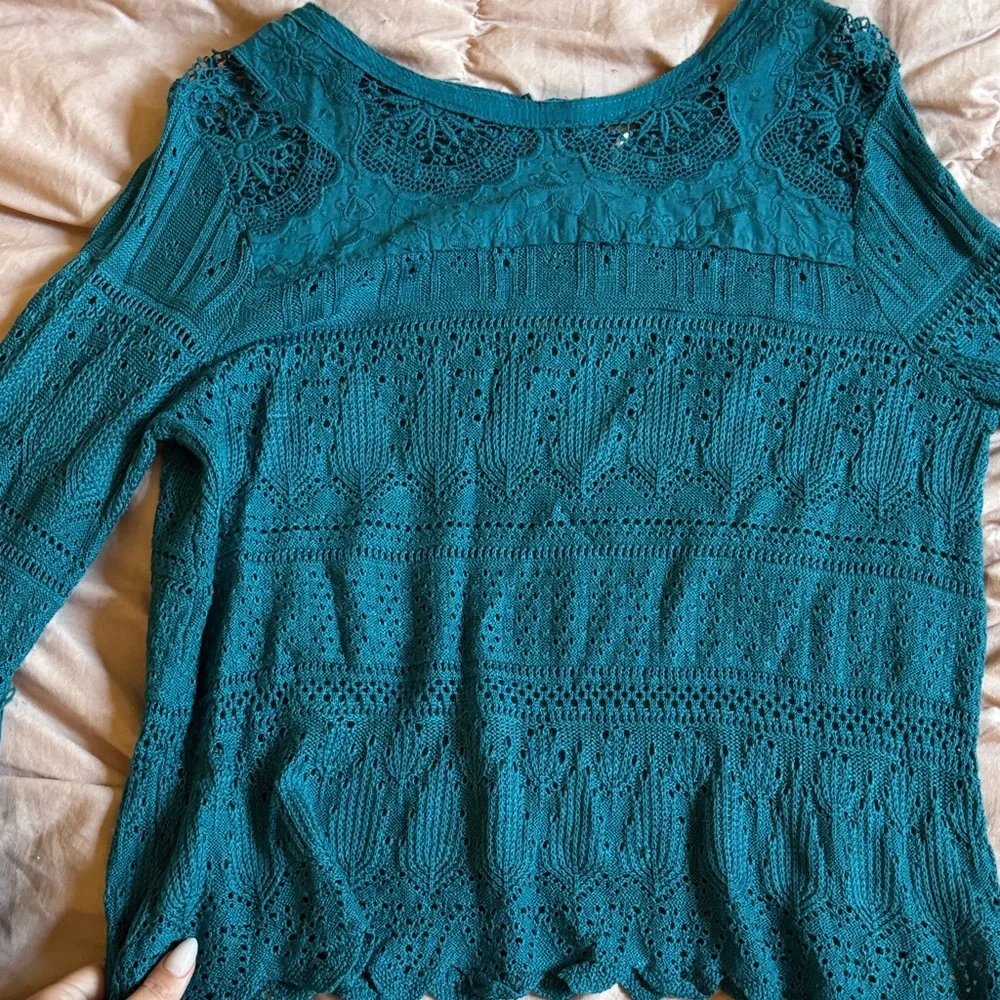 Free People Teal Lace Crochet Long Sleeve Blouse